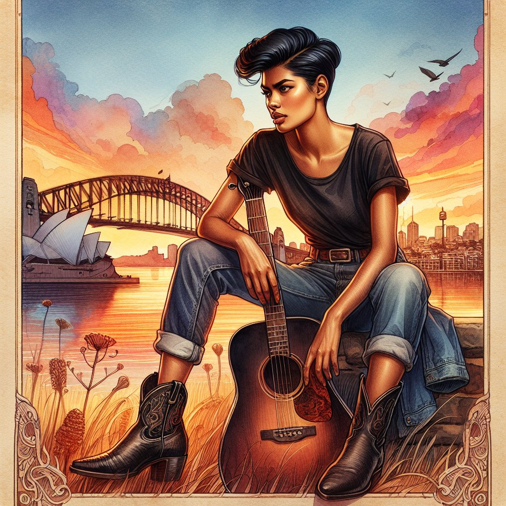 Double Love album cover: an illustration of a woman in boots and jeans sitting with an acoustic guitar at sunset in front of Sydney Harbour