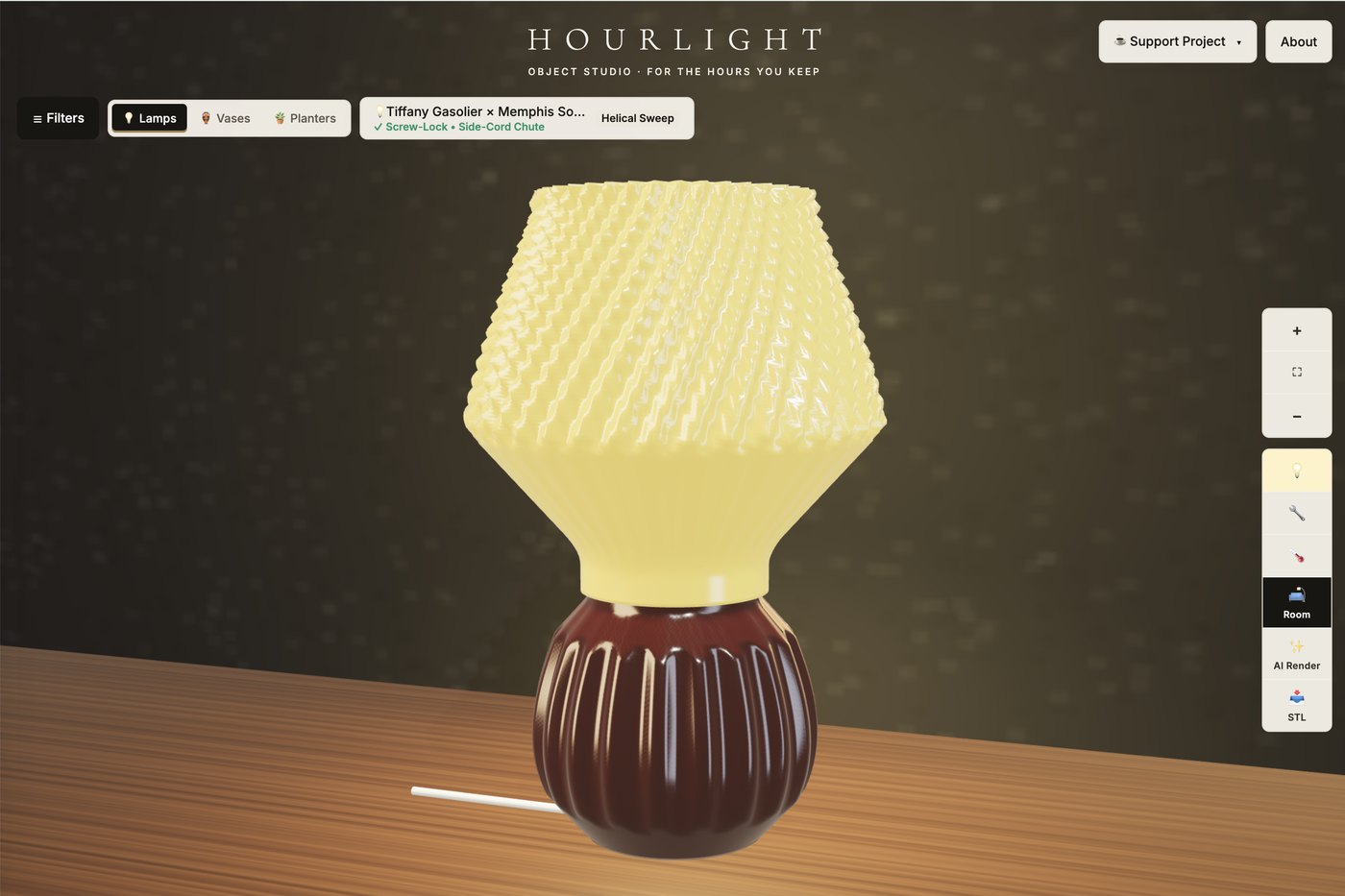 The Hourlight 3D generator showing a customisable lamp with a yellow patterned shade and a dark red base on a wooden table