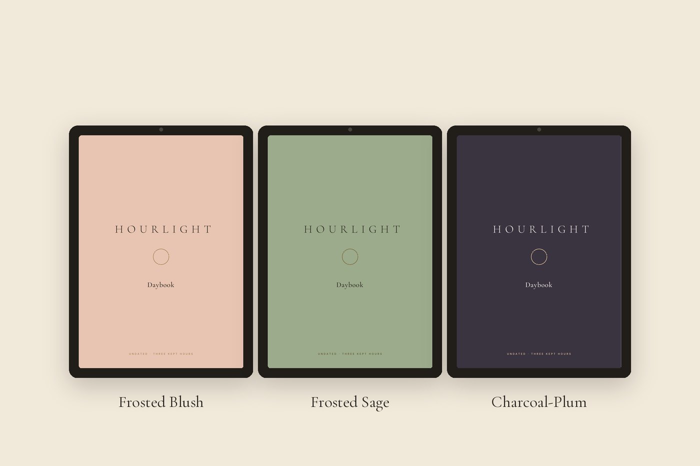 Hourlight Daybook digital planner shown on three tablets in the colourways Frosted Blush, Frosted Sage and Charcoal-Plum