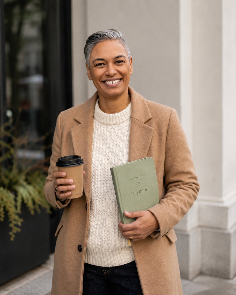 Maryam Mahlberg smiling, holding a coffee and a notebook