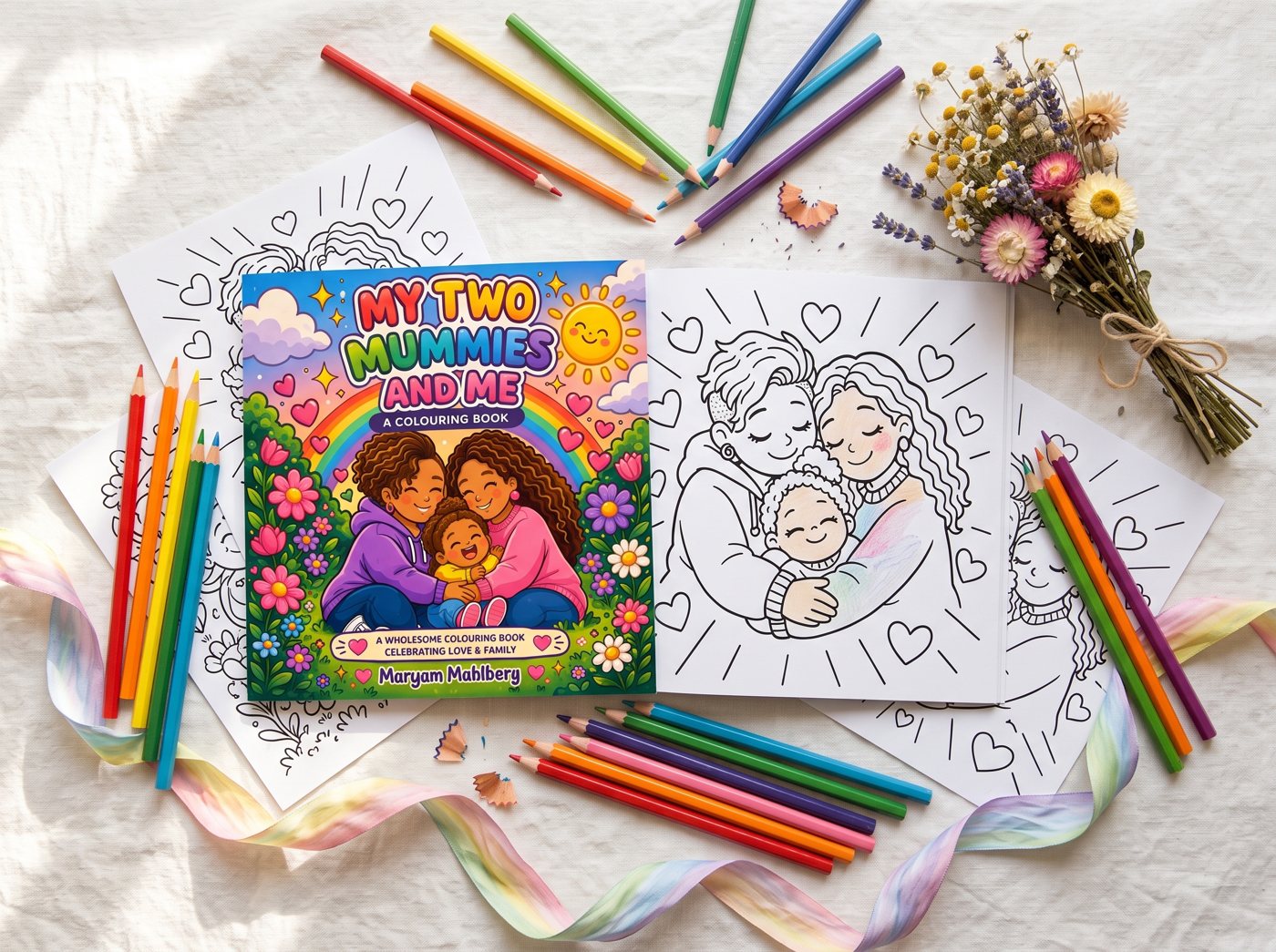 The cover of My Two Mummies and Me, a colouring book, with open pages, coloured pencils and dried flowers